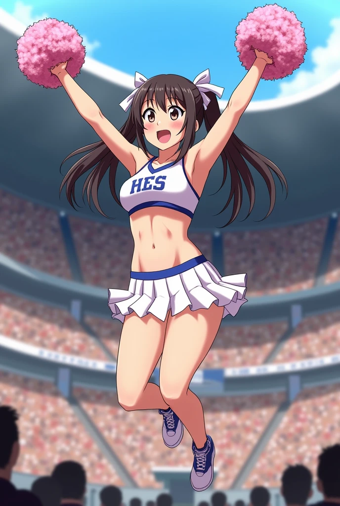 Anime Style。Cheerleading with pom-poms in a stadium full of spectators。
While jumping, her skirt flipped up, revealing her white underwear.。
Sweating under my arms、Steamy。
Big breasts and visible belly。
It's easy to tell that you're sweating,おっぱい,pussy,パイパンまんこ