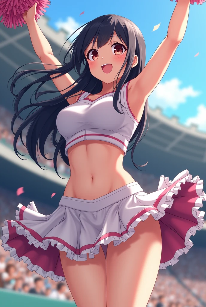 Anime Style。Cheerleading with pom-poms in a stadium full of spectators。
While jumping, her skirt flipped up, revealing her white underwear.。
Sweating under my arms、Steamy。
Big breasts and visible belly。
It's easy to tell that you're sweating,おっぱい,pussy,パイパンまんこ