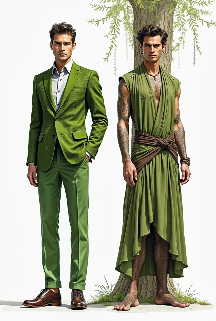 Create 2 sketches of 2 men's outfits as if they were done in pencil, an iguana-inspired outfit and another tree-inspired outfit