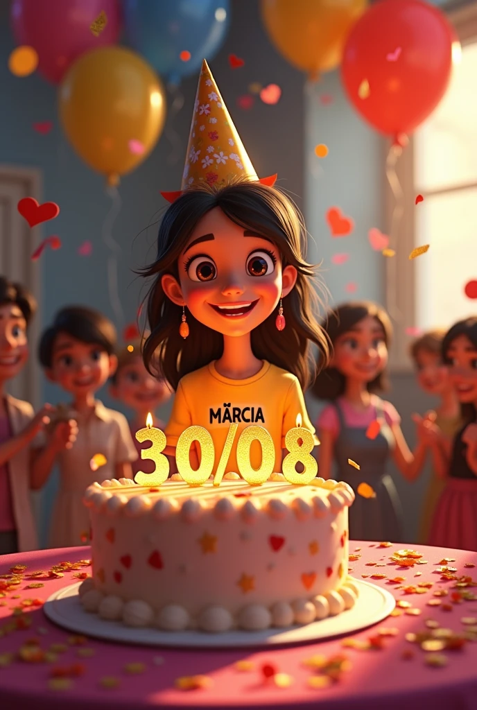 An abstract animation with a birthday cake , On top of the cake in different letters " Happy birthday Marcia Monteiro" Following the date 30\08. The cake is in a lit room. With a birthday girl with the name Márcia written on her blouse, and your boyfriend around the cake.
A more beautiful animation and on top of the cake " Happy birthday Marcia Monteiro" with gold letters.