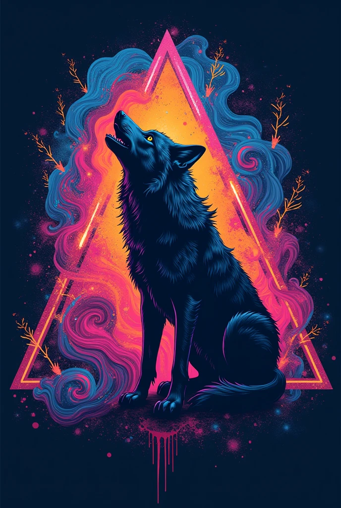 Silhouette of a wolf inside a triangle with psychedelic color for a super fashionable t-shirt print without a background