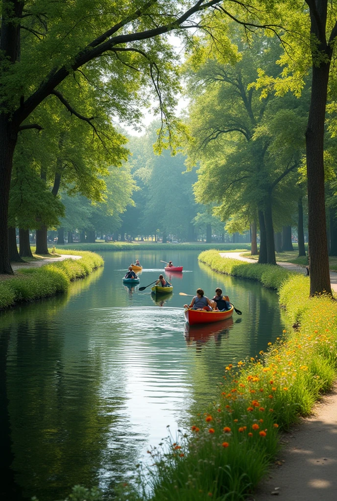 Make me a drawing of a lake and people in canoes and trees around it and a path for pedestrians to exercise so it's easier to draw.