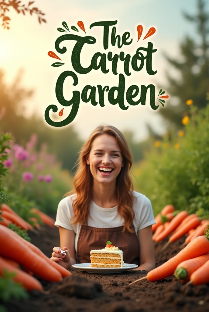 I want a logo that has the following phrase The Carrot Garden and that has a woman eating carrot cake