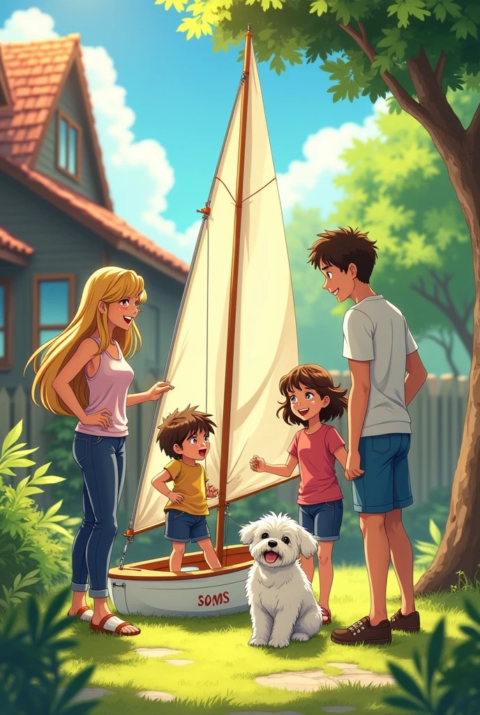 A family of 5 in anime style, a 40 year old mother, blonde, a 50 year old dad, a 15-year-old daughter with wavy brown hair and a 17-year-old son with wavy brown hair with a white Bichon Maltese dog, Dad stripping the sails