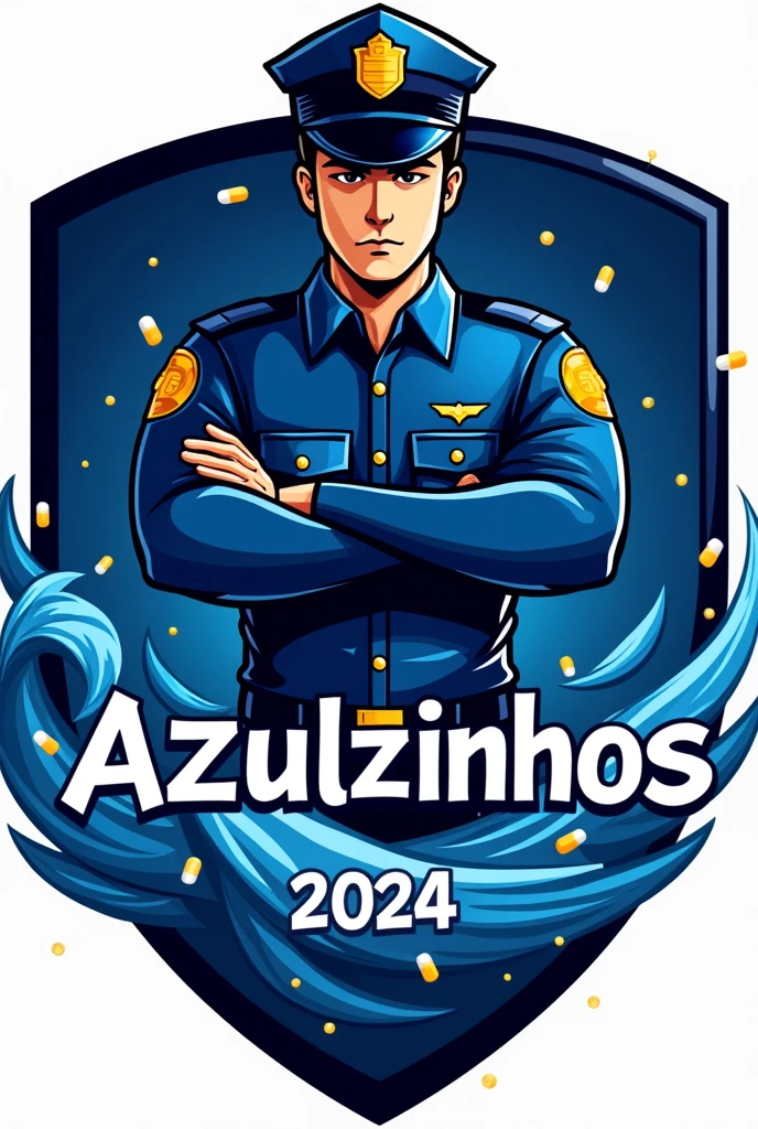 I need a logo for a school games team with the predominant colors dark blue, black and a little light blue, but mainly dark blue, the name of the team is "Azulzinhos" and I want that to be printed, I also want the year 2024 in the logo and in the middle of all this, a police officer in a blue uniform and somewhere on the shield medicine capsules and some waves