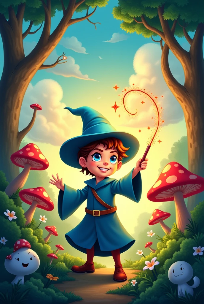 Book cover design, magic, imagination, cartoon style