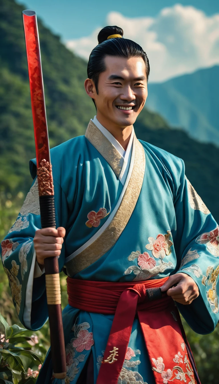 Character Linghu Chong, The Smiling, Proud Wanderer by Jin Yong. An extremely handsome man, dressed in ancient Chinese costume, colorful embroidered martial arts uniform, holding a shiny sword, wearing a wine gourd around his waist, smiling, using high-end cosmetics. The background has blue sky, white clouds, beautiful flowers and leaves, majestic mountains, vast lakes. The photo exudes a heroic spirit, looking straight at the camera.
Hong Kong cinema style. Cinematic lighting, high detail, 8K, artstation, conceptual art, dark fantasy. Photo taken with Canon EOS R5 85mm f/11 camera, ((sharp)) mode of people and surrounding environment. Picture quality ((8K)), ((realistic)), ((masterpiece)), ((sharpest and highest contrast)), ((amazing depth of field)), ((stereoscopic light)), ((angry, ferocious)), detailed pores, ((Direct light on the face)), bright sunlight.