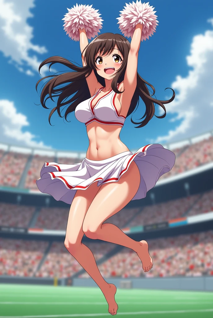 Anime Style。Cheerleading with pom-poms in a stadium full of spectators。
While jumping, her skirt flipped up, revealing her white underwear.。
Sweating under my arms、Steamy。
Big breasts and visible belly。
It's easy to tell that you're sweating,tits,pussy,Shaved pussy,Nipples