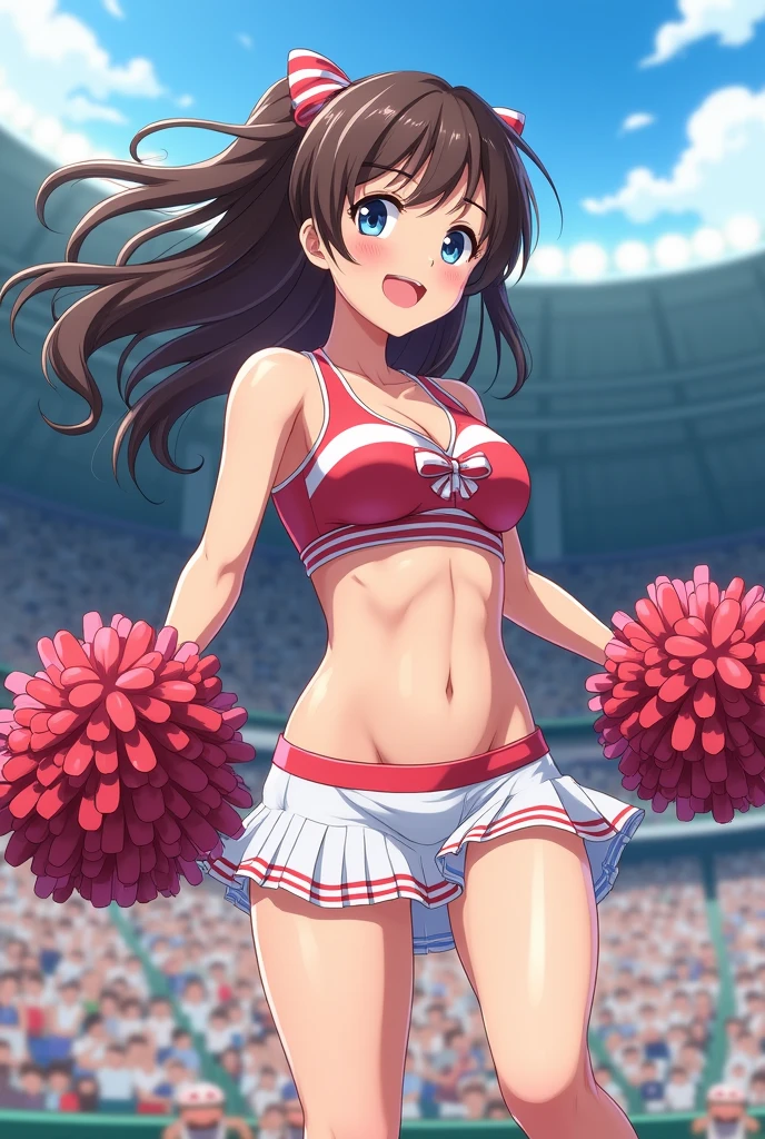 Anime Style。Cheerleading with pom-poms in a stadium full of spectators。
While jumping, her skirt flipped up, revealing her white underwear.。
Sweating under my arms、Steamy。
Big breasts and visible belly。
It's easy to tell that you're sweating,tits,pussy,Shaved pussy,Nipples