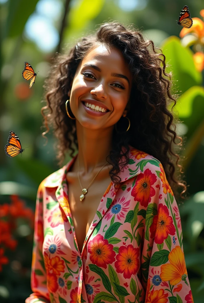 A Brazilian woman in a lush tropical garden, wearing an open shirt with a floral print, with a close-up capturing the harmonious beauty between her breasts and the natural flowers, showing off your natural charm and outgoing personality.