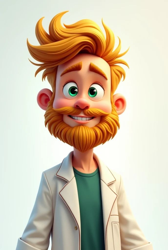 20 year old man with blond beard made of golden green eyes wearing lab coat the image in cartoon form without background
 