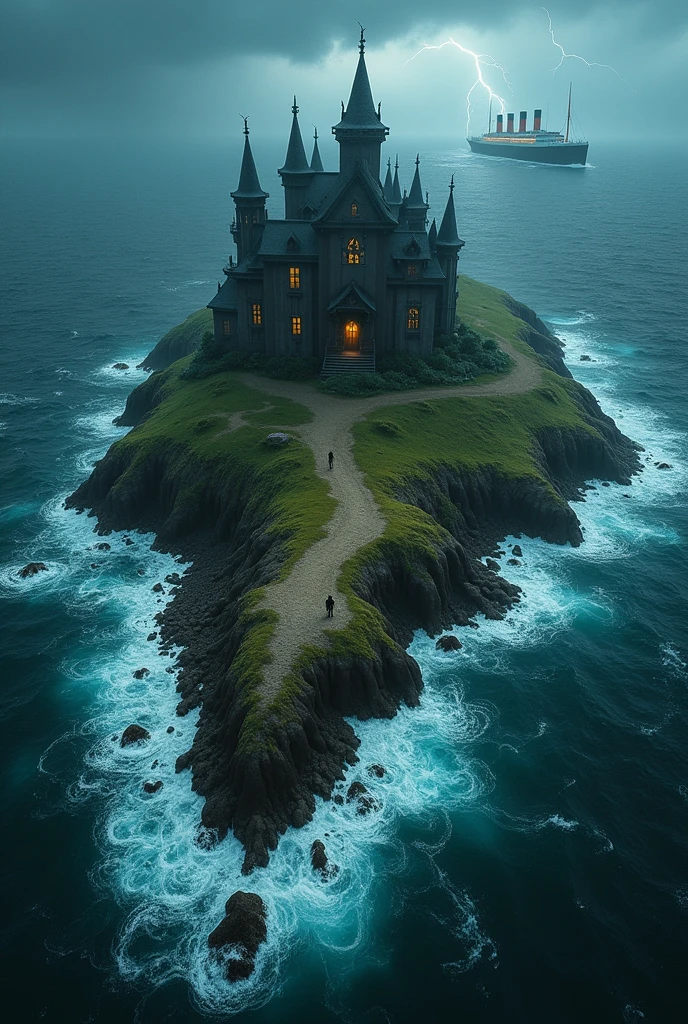 Create a high-quality aerial view of a remote island in the Atlantic Ocean, situated between island and the Atlantic. The island should feature a dark, menacing house belonging to a wicked sorceress, with an ominous and magical appearance. The surrounding waters are turbulent, and in the distance, depict the RMS Titanic adrift and struggling in the rough sea. The scene should convey a sense of isolation and danger, with a detailed and atmospheric portrayal of the island and its surroundings from above and the island is like American dessert