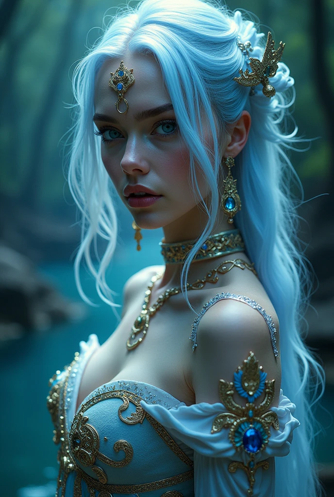 (8k, best quality, masterpiece:1.2), (realistic, photo-realistic:1.37), ultra-detailed, A detailed portrait of 1 girl 21 year old girl, fantasy character, blue eyes, tosca hair color, detail face, pale skin, face facing the camera, wearing queen costumes, zodiac suit. The scene illuminated with professional lighting, photon mapping, and radiosity, with Tetsuya Nomura Style and a zodiac feel, gemini , zodiac gemini vibes. In the dark forest river terrible background with blur or bokeh effect, neon details, realistic light.