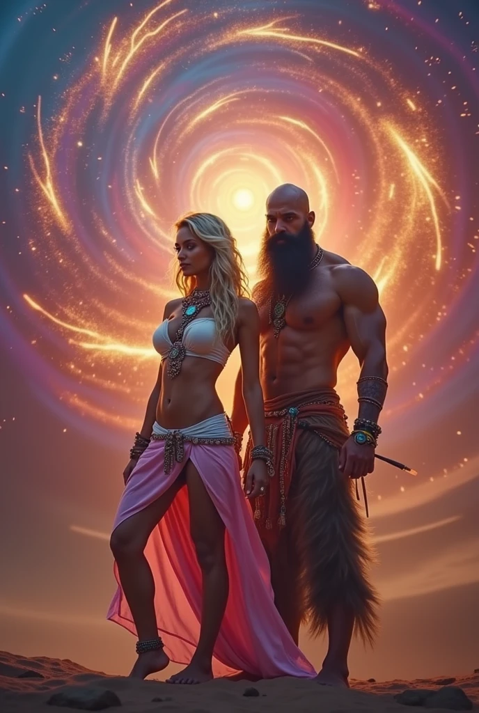 Male shaman and a female yogini, sacred rebels. He is muscular, broad, bald, bearded. She is blond, long haired, voluptuous, large breasts, fitness model, hourglass body, toned with abs, a lot of hippie style ethnic jewelry, scantily clad in tones of pink and white. Psychedelic picture of a very attractive couple, sparks flying, polarity, spiritual.