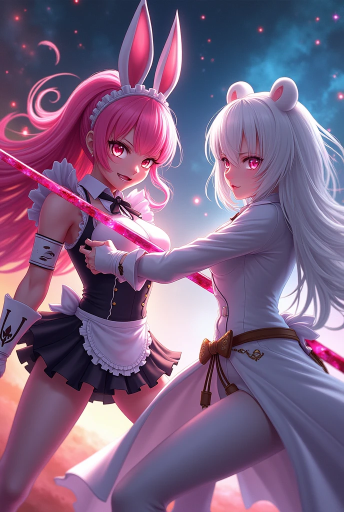 Anime girl, pink hair, pink bunny ears, pink eyes and pink fight with a pink sword and angry, all covered in blood, maid outfit with big busts, fighting with an anime girl with white hair, sky blue eyes, white bear ears, and in a white elegant suit and they fight throughout the galaxy
  