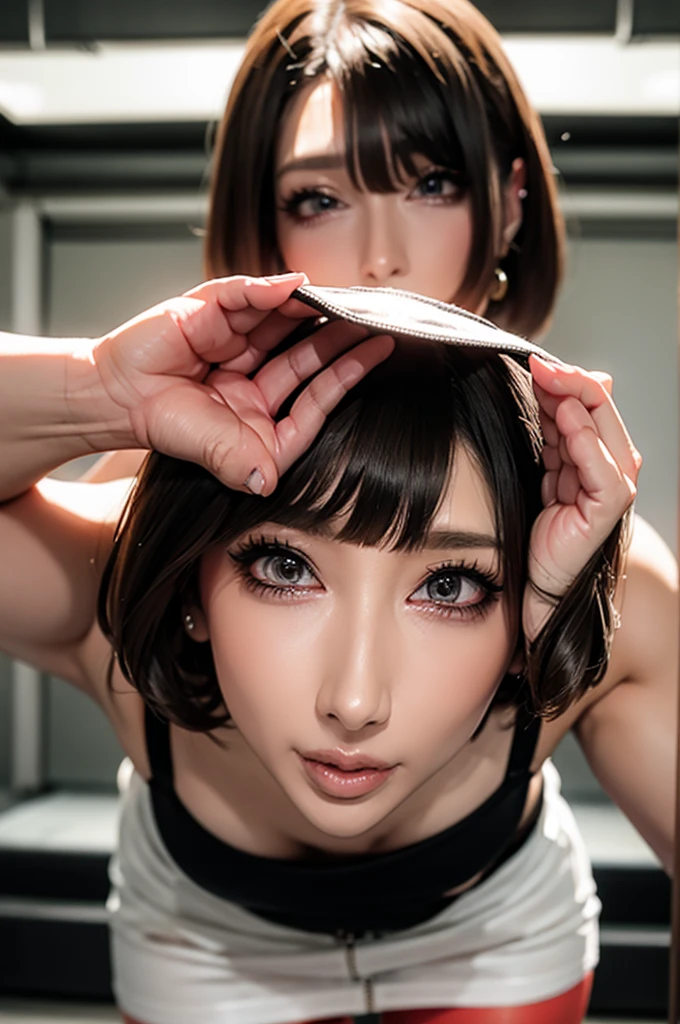 wearing a short miniskirt、hole々And Dominant Beautiful Mature White Women, Holding black see-through panties,Kneel,Shot from below,Glaring expression,