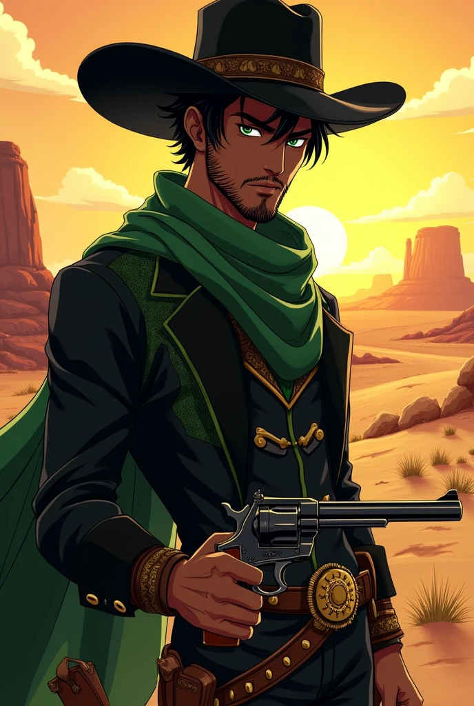 An anime character: a man with dark skin, black hair and green eyes, He is also sporting a short beard. 
He wears a black cowboy outfit with green details, including a hat and a long, black scarf, holding a colt.
A rope around the waist.
Ao fundo, a desert of the old Wild West.