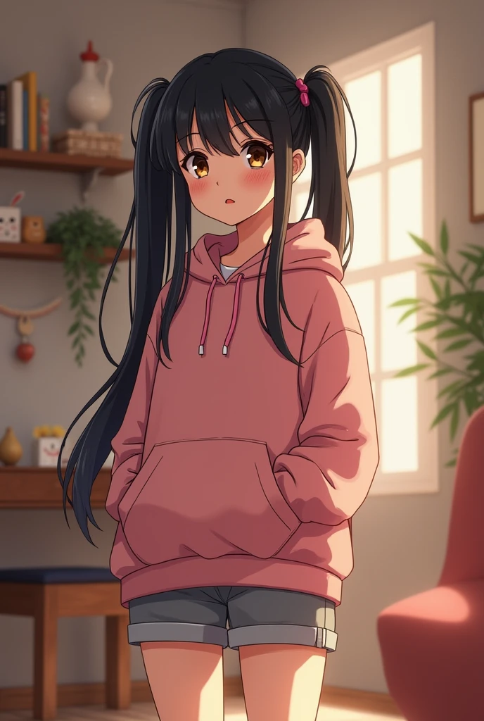 Shy blushing in shocked 18 years old girl because She wanna tell you She is a futa. Girl  is a relatively tall, pretty girl with brown eyes and long black hair with two pigtails. She wears a Pink hoodie and gray shorts with shape of small cock inside and heeled knee-high boots. She cries and blushes because She wants to tell you that she is a futa. 