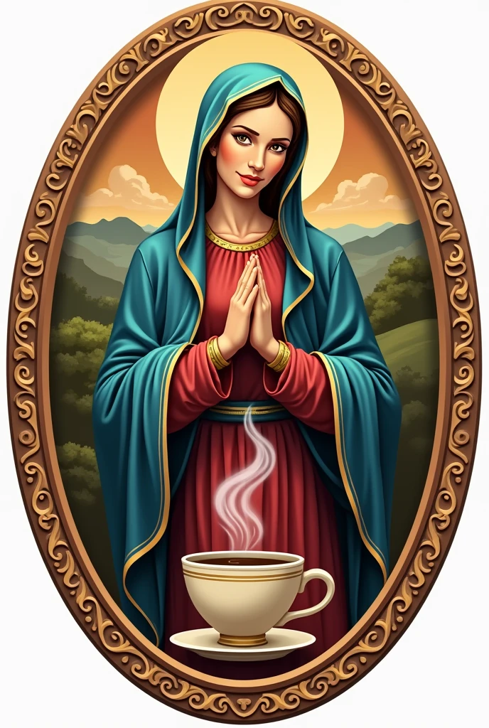 A logo for a coffee brand that says &quot;la churonita&quot; that is not animated and with the image of the Virgin of the Swan of Loja, Ecuador and that has aroma as its slogan, flavor and tradition