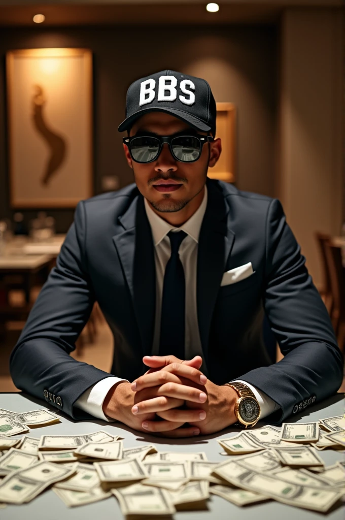 Man sitting at the table, dress suit slim sport sunglasses,with a cap that says BBS,with thousands of banknotes on the table