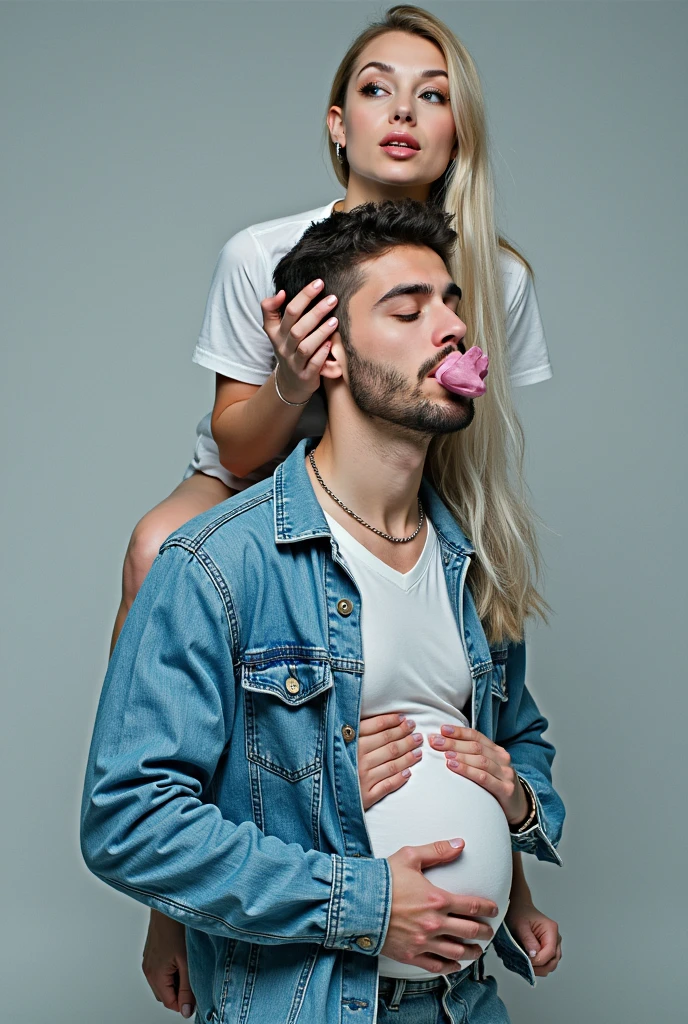 Man sucking a boob of his girlfriend and his hand on the vagina of his girlfriend and another woman sucking that man’s penis