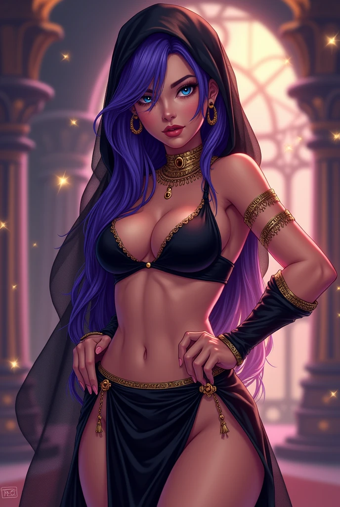 Bright purple hair,blue colored eyes,long hair,eyes half closed,nude belly,へそ,ferronnières,black veil,black slave top,sheer black velvet hip scarf, Golden neck bracelet,gold earrings, breasts a little too big.personaje de Webtoon) Sienna Merdein