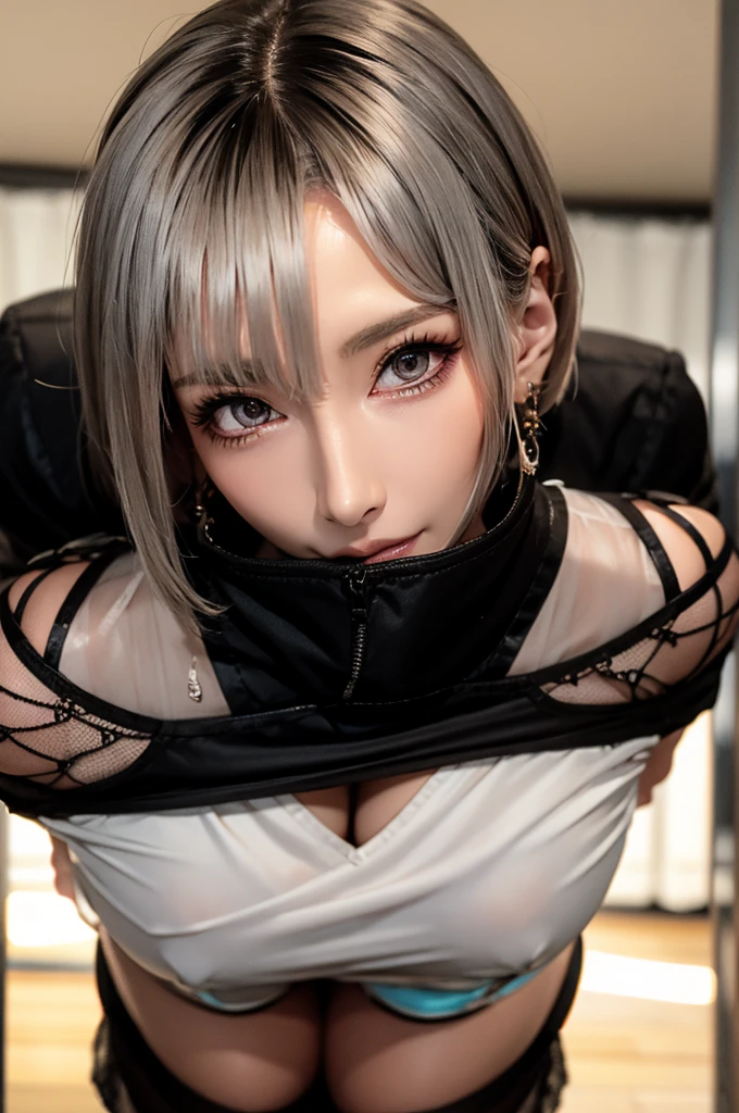 wearing a short miniskirt、hole々And Dominant Beautiful Mature White Women, Holding black see-through panties,Kneel,,Glaring expression,
