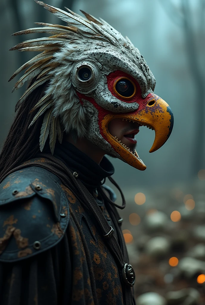 An eagle-designed mask, bones and death, with a scar on his eye, Use the colors White, red, black and yellow and for the design