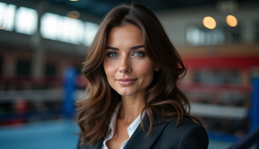 portrait of european woman brown hair, clear skin, sapphire blue eye color, thin with elegant clothes looking straight ahead as she is a reporter behind her and in the distance a bosex ring