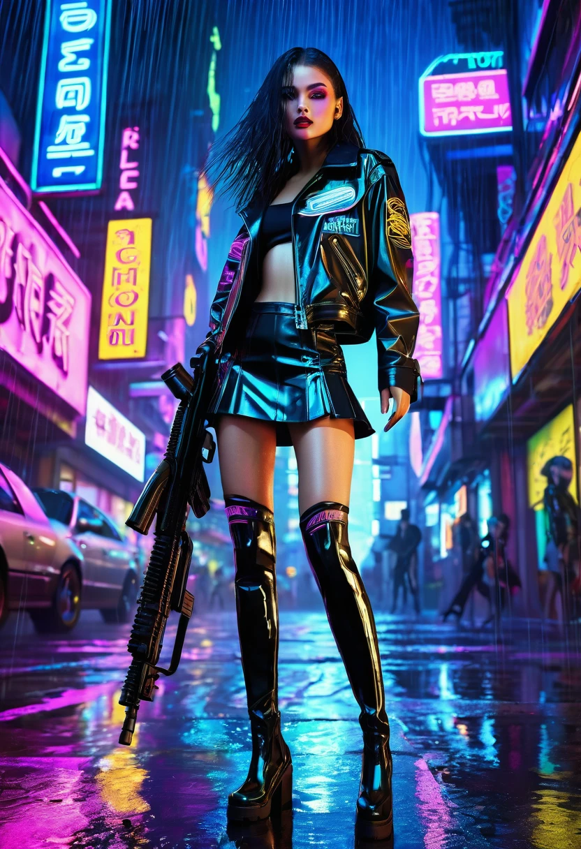 Futuristic cityscape at night with neon lights and rain reflecting on wet streets. Centered is a fierce female character named "Rain" in a dynamic pose, shooting a futuristic machine gun. She is dressed in a cyberpunk-inspired schoolgirl outfit: a black leather miniskirt, thigh-high stockings, and high-heeled shoes. Her top is a schoolgirl blouse with metallic and vinyl details. She wears a leather jacket with metallic shoulder pads and high-tech accessories. Her long, straight hair is vibrant, and she has striking metallic makeup. The poster's top has the title "Alien Romulus" in bold, stylized letters, and the bottom has a catchy tagline like "Face the Future. Survive the Chaos."
