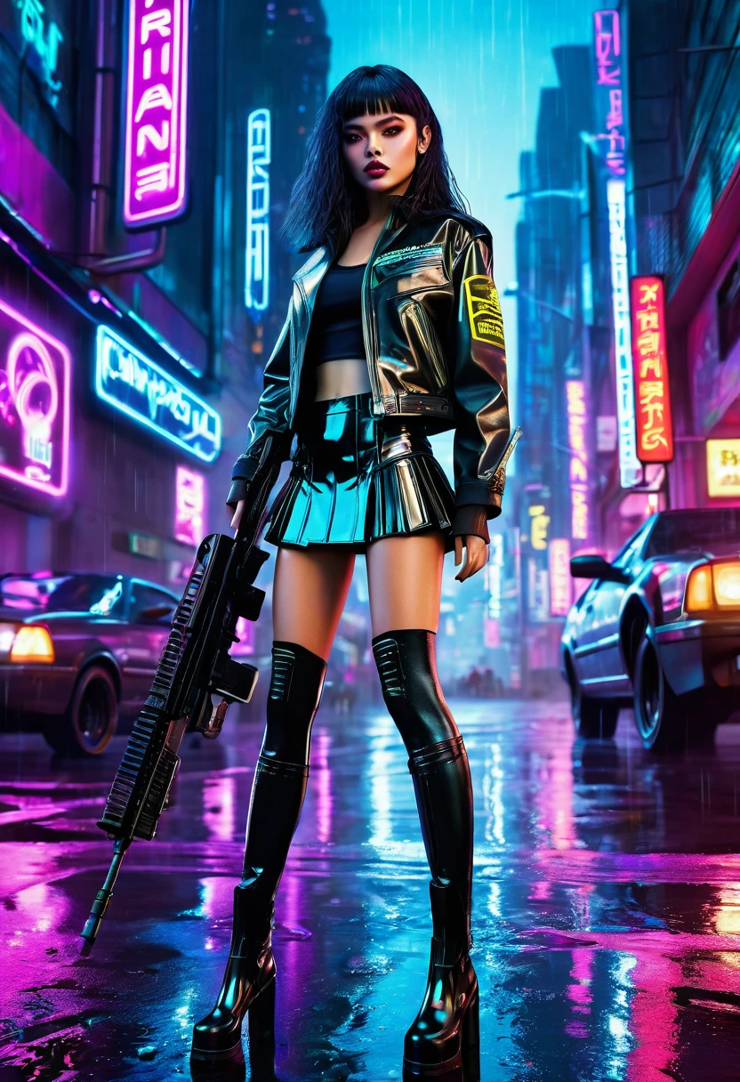 Futuristic cityscape at night with neon lights and rain reflecting on wet streets. Centered is a fierce female character named "Rain" in a dynamic pose, shooting a futuristic machine gun. She is dressed in a cyberpunk-inspired schoolgirl outfit: a black leather miniskirt, thigh-high stockings, and high-heeled shoes. Her top is a schoolgirl blouse with metallic and vinyl details. She wears a leather jacket with metallic shoulder pads and high-tech accessories. Her long, straight hair is vibrant, and she has striking metallic makeup. The poster's top has the title "Alien Romulus" in bold, stylized letters, and the bottom has a catchy tagline like "Face the Future. Survive the Chaos."