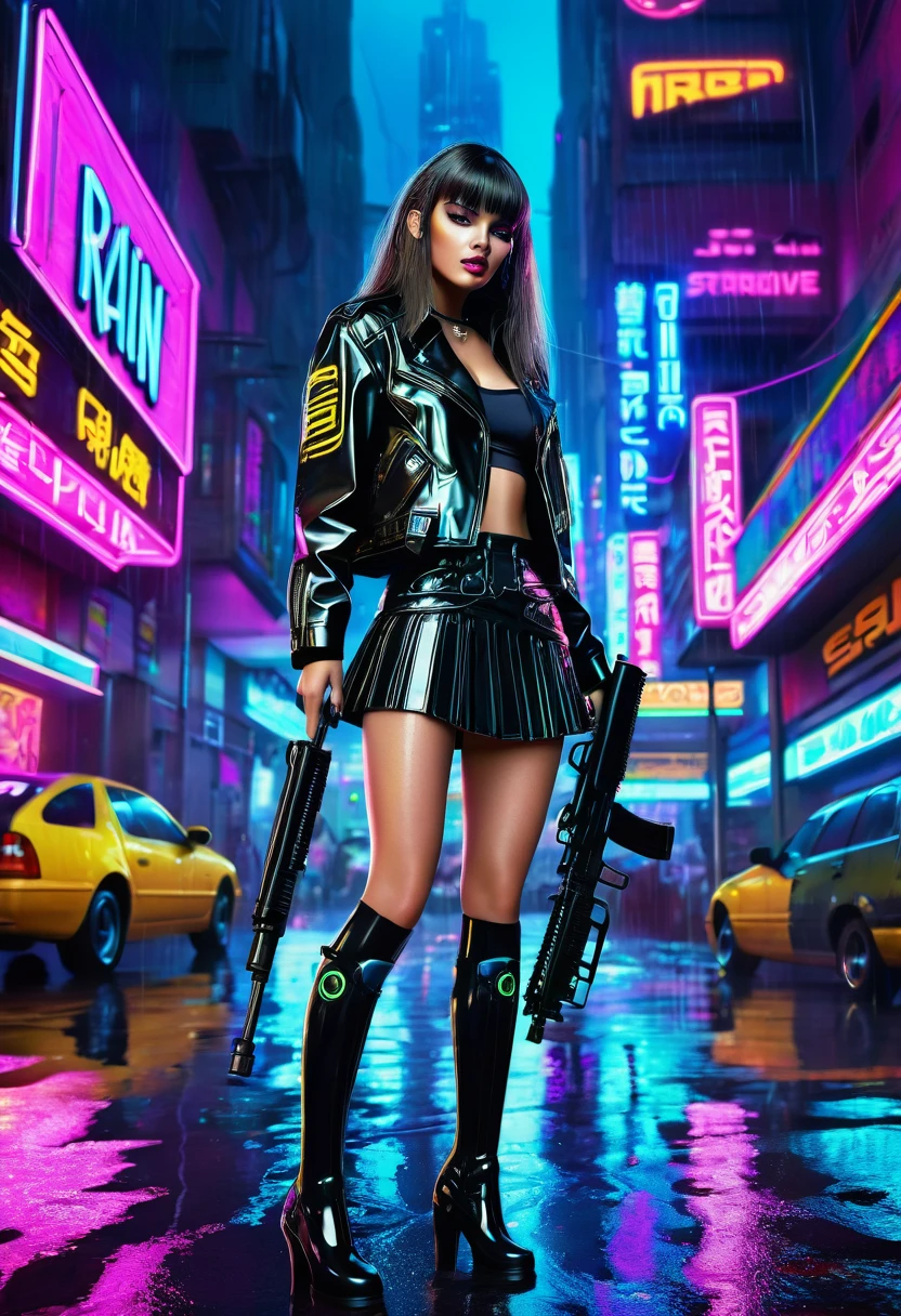 Futuristic cityscape at night with neon lights and rain reflecting on wet streets. Centered is a fierce female character named "Rain" in a dynamic pose, shooting a futuristic machine gun. She is dressed in a cyberpunk-inspired schoolgirl outfit: a black leather miniskirt, thigh-high stockings, and high-heeled shoes. Her top is a schoolgirl blouse with metallic and vinyl details. She wears a leather jacket with metallic shoulder pads and high-tech accessories. Her long, straight hair is vibrant, and she has striking metallic makeup. The poster's top has the title "Alien Romulus" in bold, stylized letters, and the bottom has a catchy tagline like "Face the Future. Survive the Chaos."
