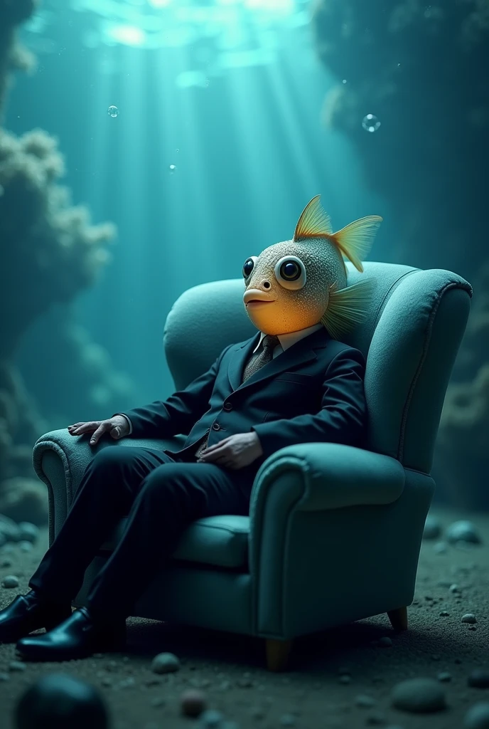 Lantern fish in elegant black suit.sitting in a comfortable chair horizontal photography