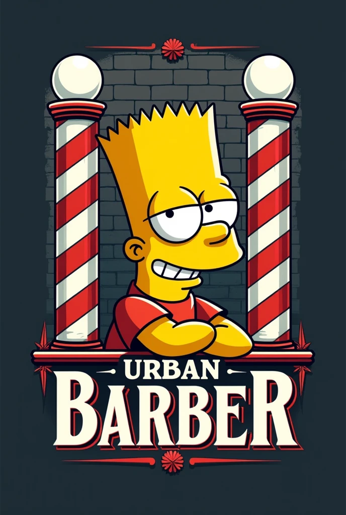 logo for barbershop with bart simpson, classic style with the name urban barber