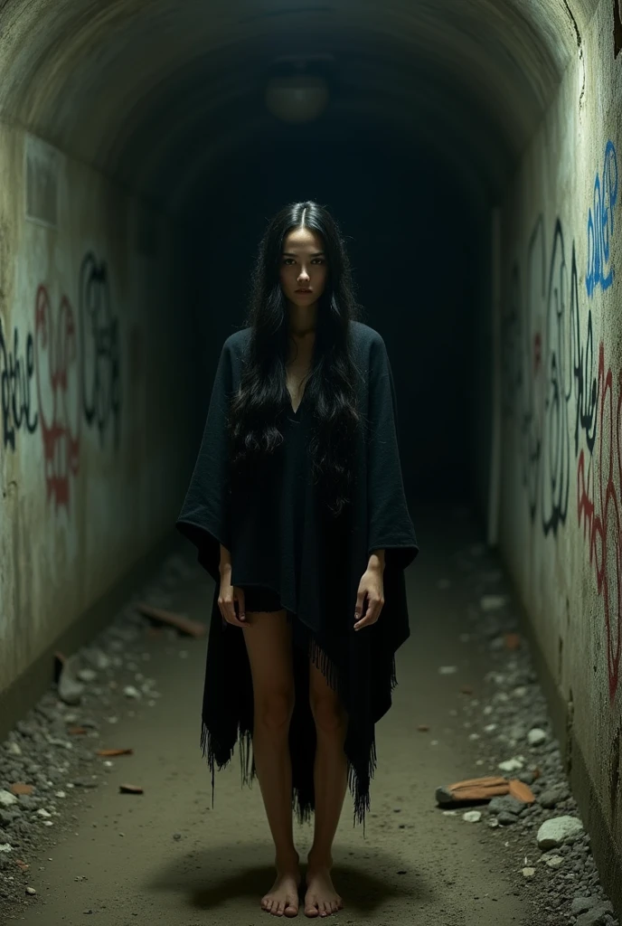 Beautiful girl, long black hair, dressed in a black poncho on a naked body, in black boots, bare legs, bare shoulders, looking at the camera, against the background of a dirty dark sewer tunnel, post-apocalyptic plot