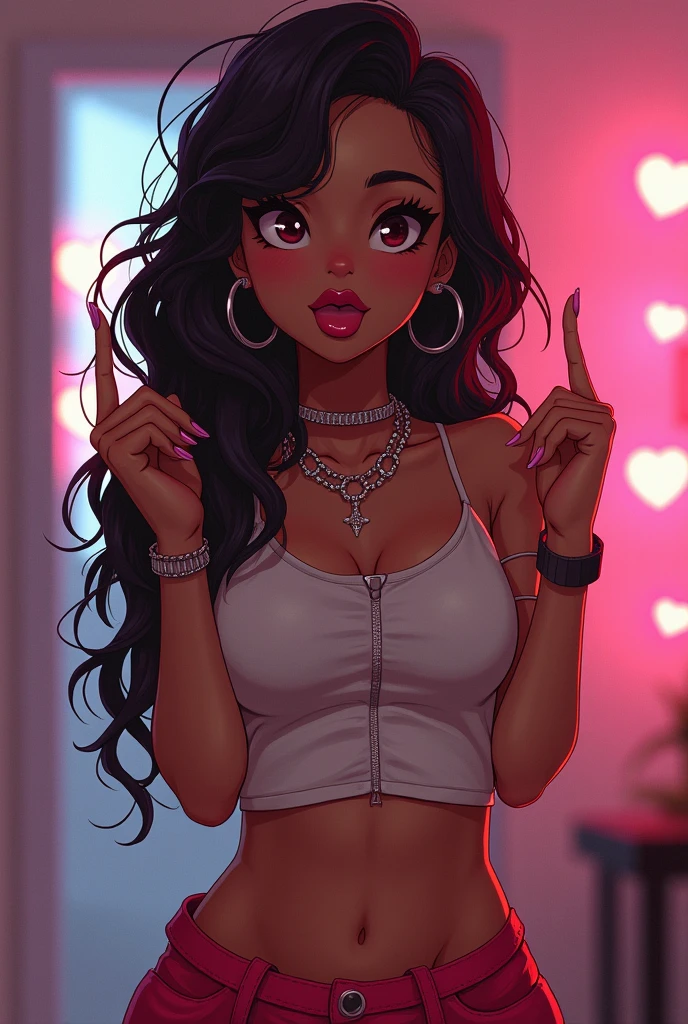 cute anime character girl, hot sister, sticking tongue out, showing middle finger, messy wavy long hair, brown skin, choker with heart pendant, long nails, wearing loose baggy hip-hop fashion, attractive and seductive face, slutty, orgasm, make-up, superlative body proportion, indoors, heart effects, 2.5D, delicate and dynamic, graphic CG digital art