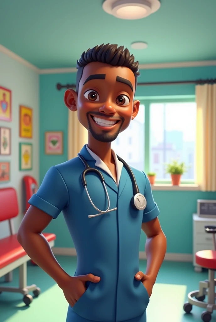 pixar 3d image of a beautiful young adult men with brown skin color with very short an straight hair almost like the military uses it, who is a physiotherapist and the background full of physiotherapy stuff.