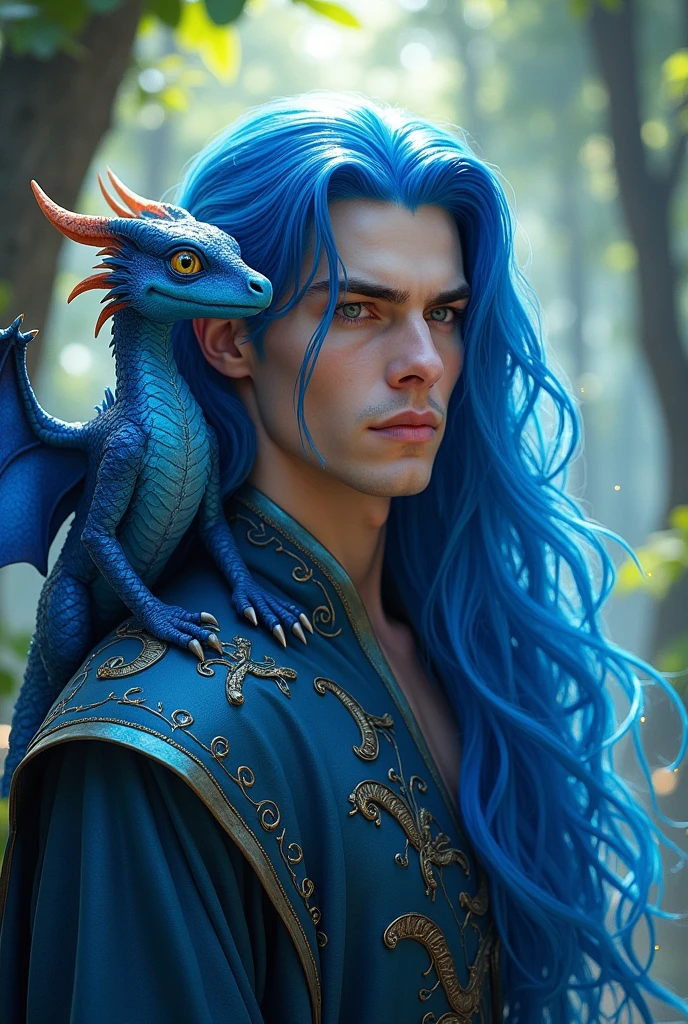 A man with blue hair and blue dragon on him sholder