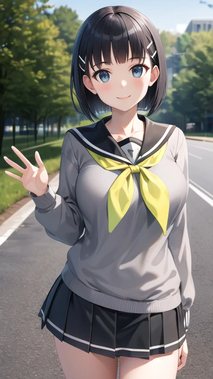 masterpiece, best quality, highres, aasugu, short hair, hairclip, large breasts, grey sweater, black sailor collar, yellow neckerchief, black skirt, standing, cowboy shot, outdoors, smile, waving