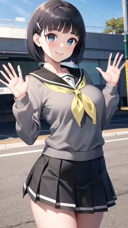 masterpiece, best quality, highres, aasugu, short hair, hairclip, large breasts, grey sweater, black sailor collar, yellow neckerchief, black skirt, standing, cowboy shot, outdoors, smile, waving