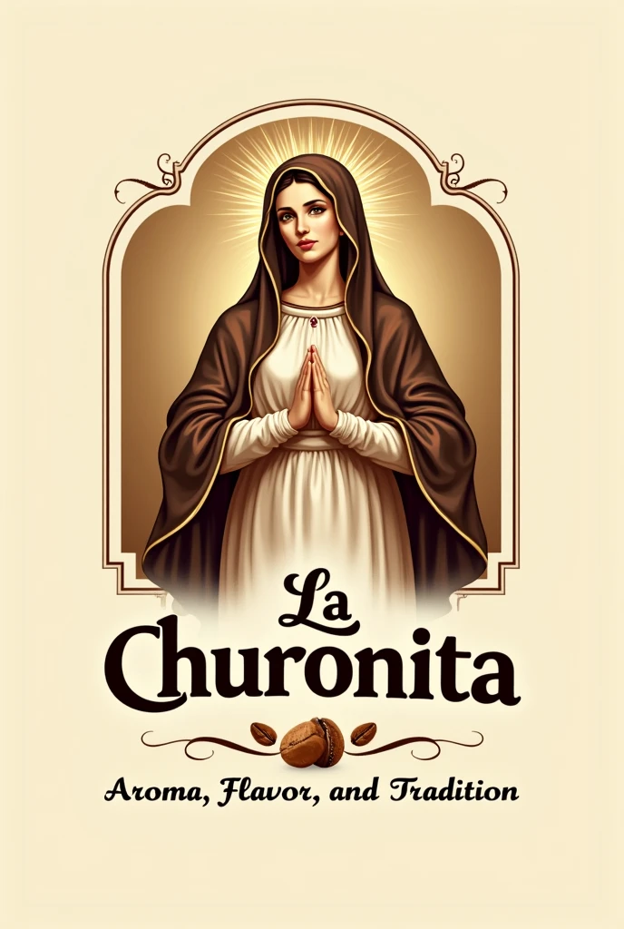 A logo for a coffee brand that says "la churonita" that is not animated and with the image of the Virgin of the Swan of Loja, Ecuador and that has aroma as its slogan, flavor and tradition