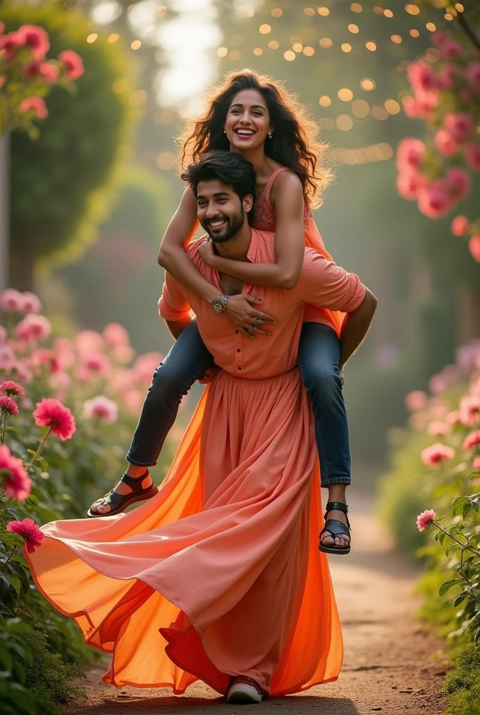 Create a elegant picture of actress Ileana D'Cruz piggyback lifting a man on her shoulders in piggyback style , man is sitting on woman's back