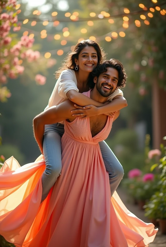 Create a elegant picture of actress Ileana D'Cruz piggyback lifting a man on her shoulders in piggyback style , man is sitting on woman's back