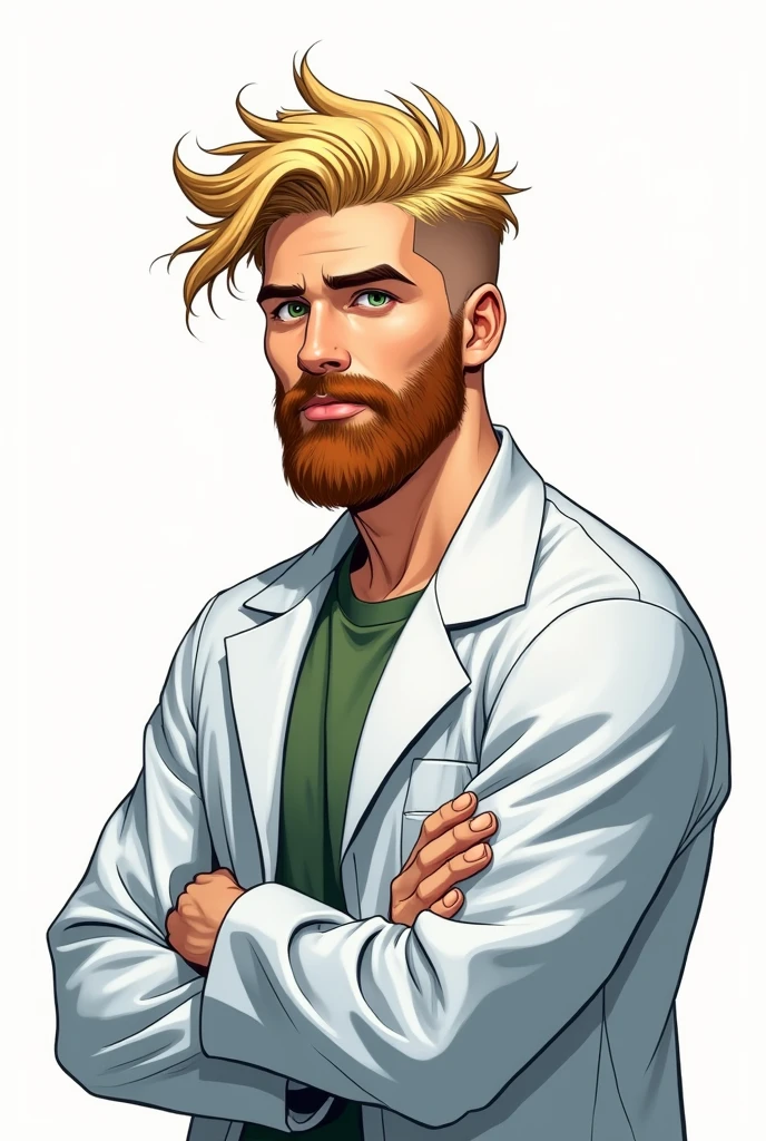 20 year old college man with blond beard, with golden green eyes wearing a lab coat the image in the form of dc comics art without a background