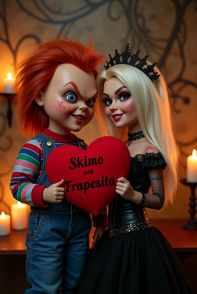 Chucky and Tiffany with a heart and the names Skimo and Frapesita 