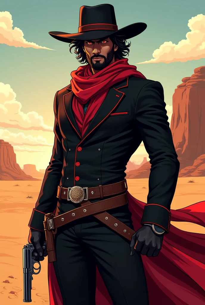 An anime character: a man with dark skin, black hair and red eyes also with a short beard.
He wears a black cowboy outfit with red details., including a hat and a long, black scarf, holding a colt.
A rope around the waist.
Ao fundo, a desert of the old Wild West.