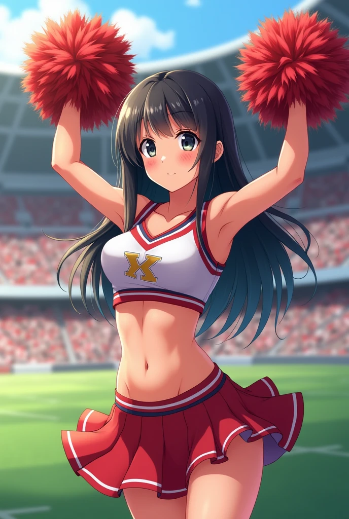 Anime Style。Cheerleading with pom-poms in a stadium full of spectators。

While jumping, her skirt flipped up, showing her pussy line.

Sweating under my arms、Steamy。

Big breasts and visible belly。

It&#39;s easy to tell that you&#39;re sweating,tits,pussy,Shaved pussy,Nipples