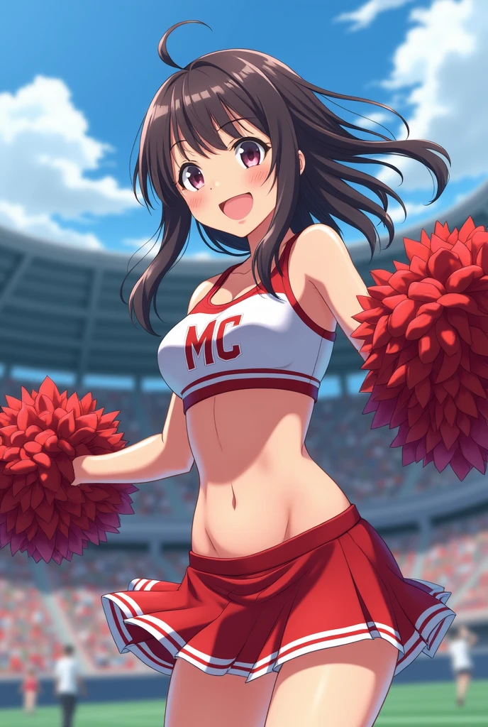 Anime Style。Cheerleading with pom-poms in a stadium full of spectators。
While jumping, her skirt flipped up, showing her pussy line.
Sweating under my arms、Steamy。
Big breasts and visible belly。
It's easy to tell that you're sweating,tits,pussy,Shaved pussy,Nipples