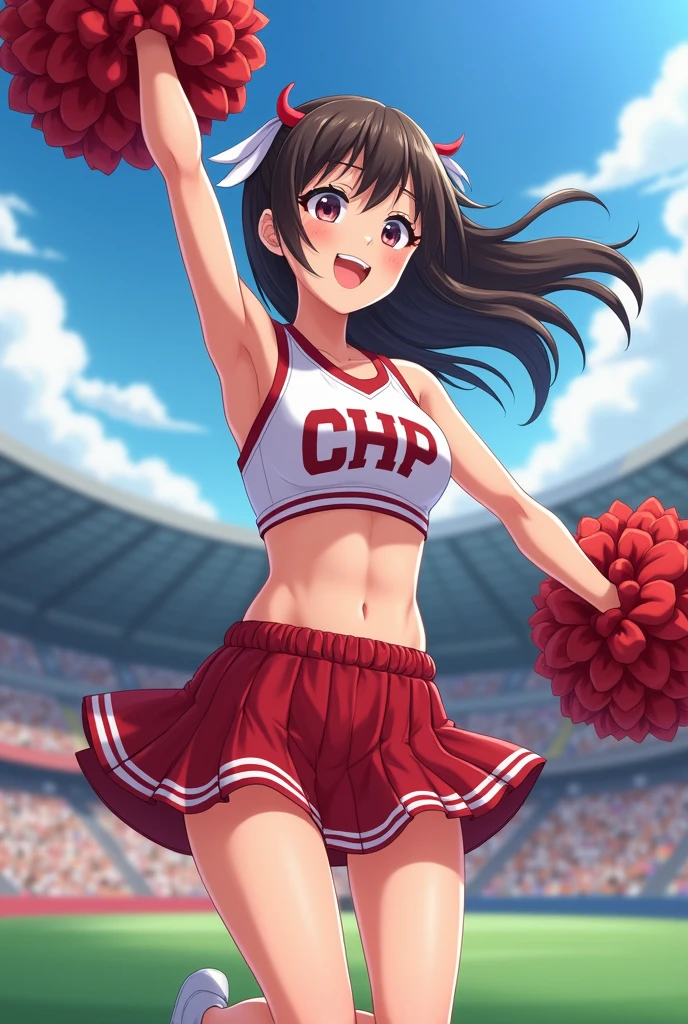 Anime Style。Cheerleading with pom-poms in a stadium full of spectators。
While jumping, her skirt flipped up, showing her pussy line.
Sweating under my arms、Steamy。
Big breasts and visible belly。
It's easy to tell that you're sweating,tits,pussy,Shaved pussy,Nipples