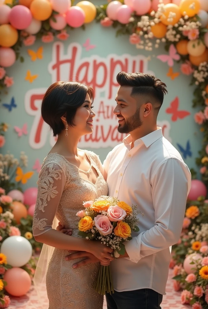 Real Pinay Pinoy wedding women beautiful short hair and man handsome with short hair with name wall background "Happy 7th Anniversary"with flowers baloons butterflies